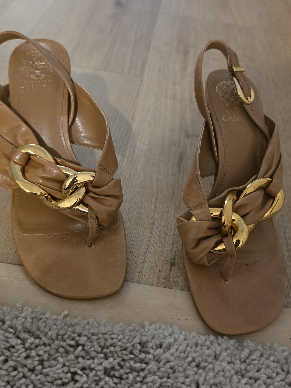 Vince Camuto Brown Leather Slingback Sandals with Gold Chain Accent